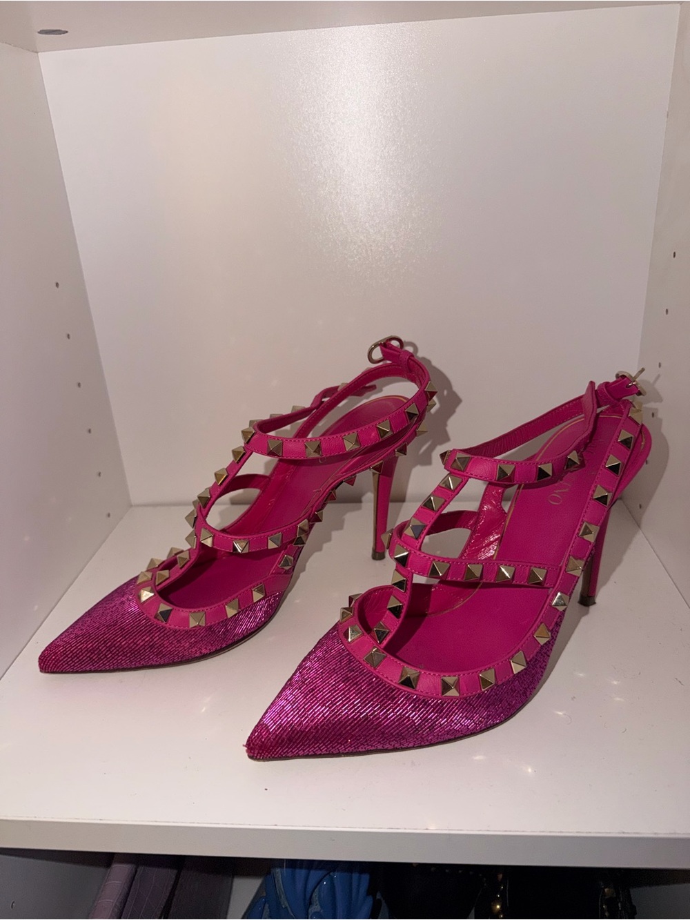 Valentino Hot Pink Studded Strappy Pointed-Toe Heels
